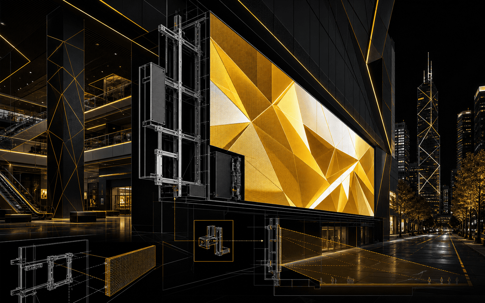 Architectural illustration of a commercial LED display installation