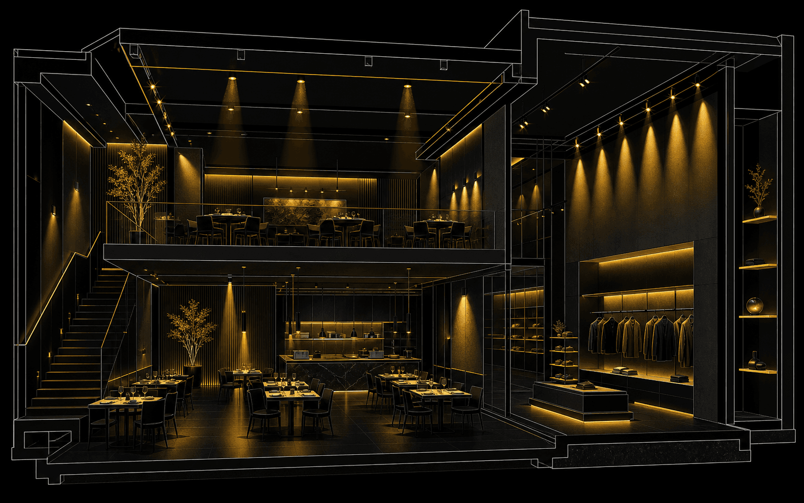 Architectural illustration of a restaurant and retail lighting design