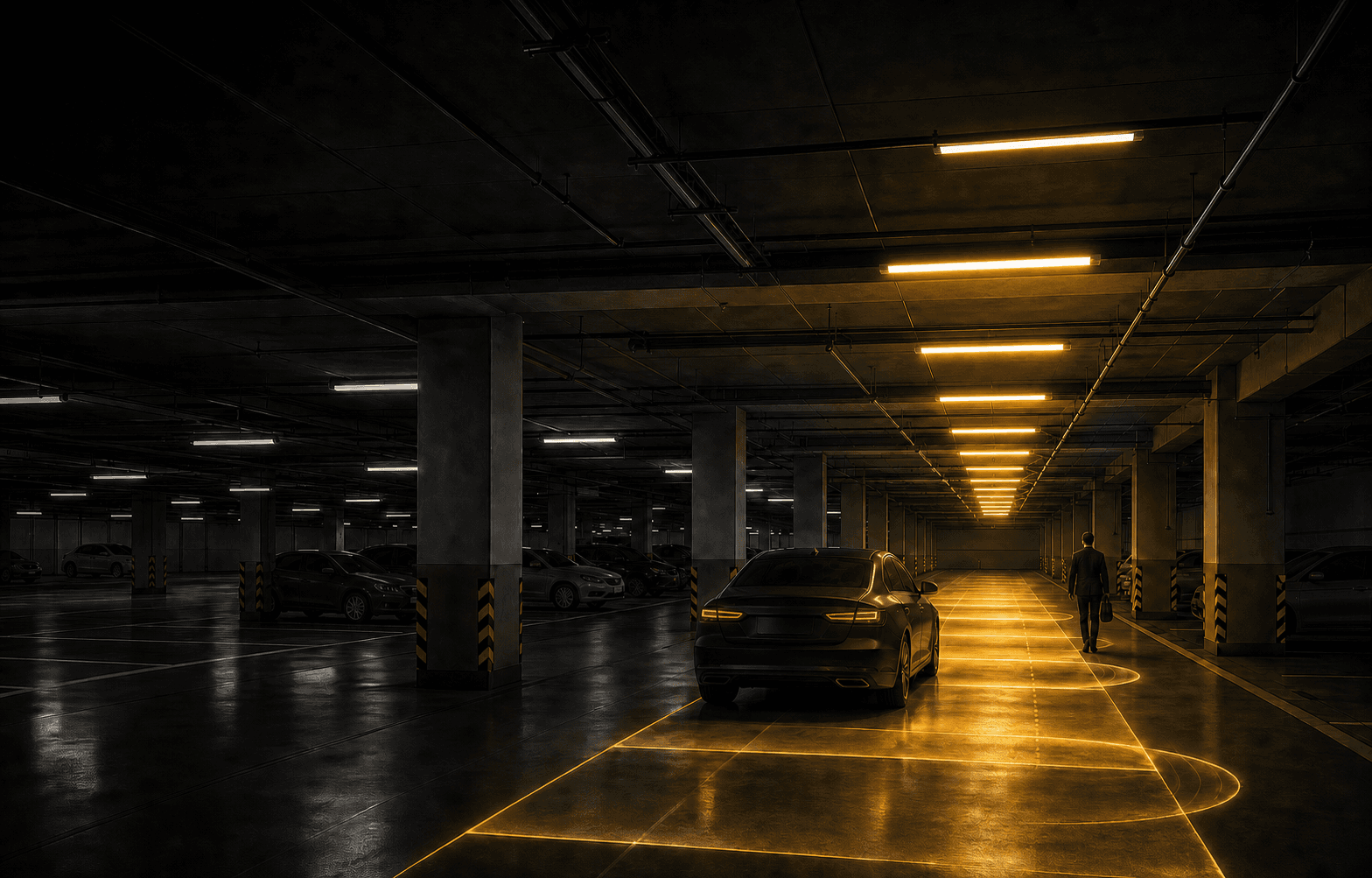 Illustration of smart lighting tubes with built-in sensors activating through a commercial car park
