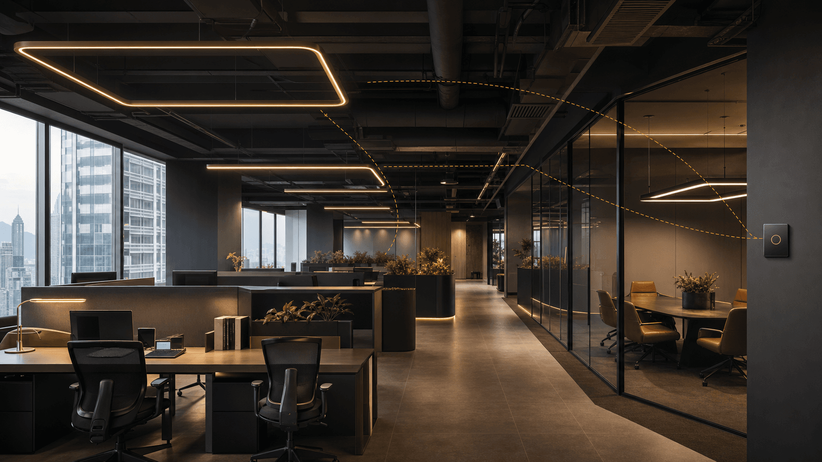 Architectural illustration of LumiSense coordinating smart lighting across an office IoT environment