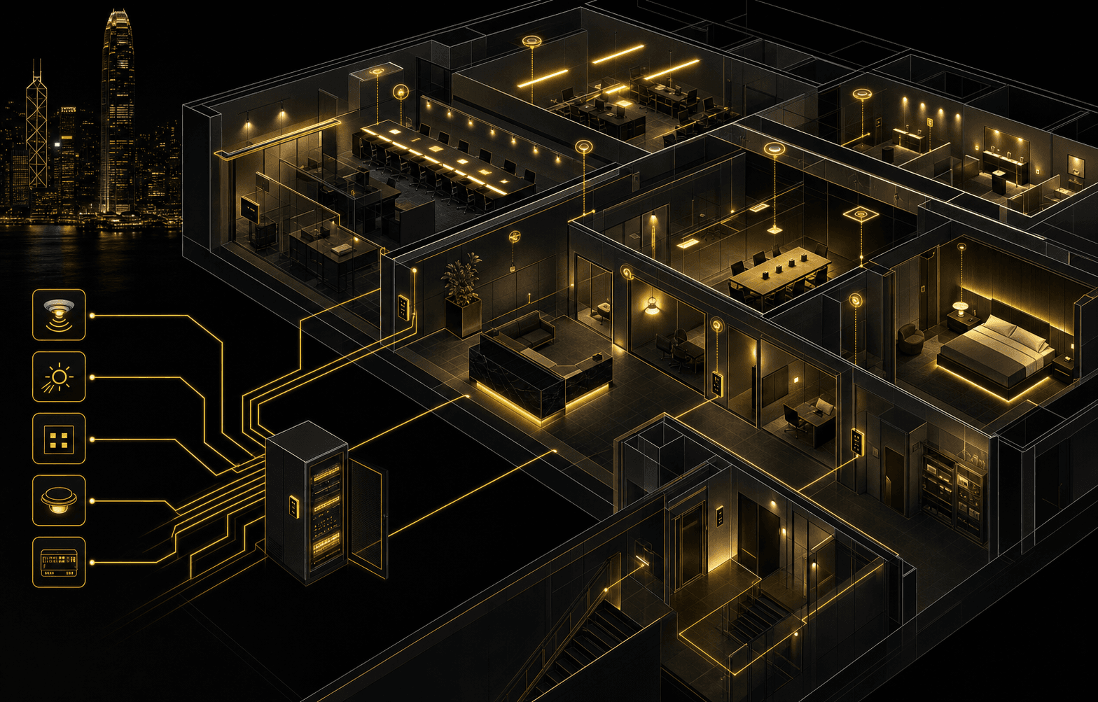 Axonometric illustration of smart lighting controls across a commercial floor