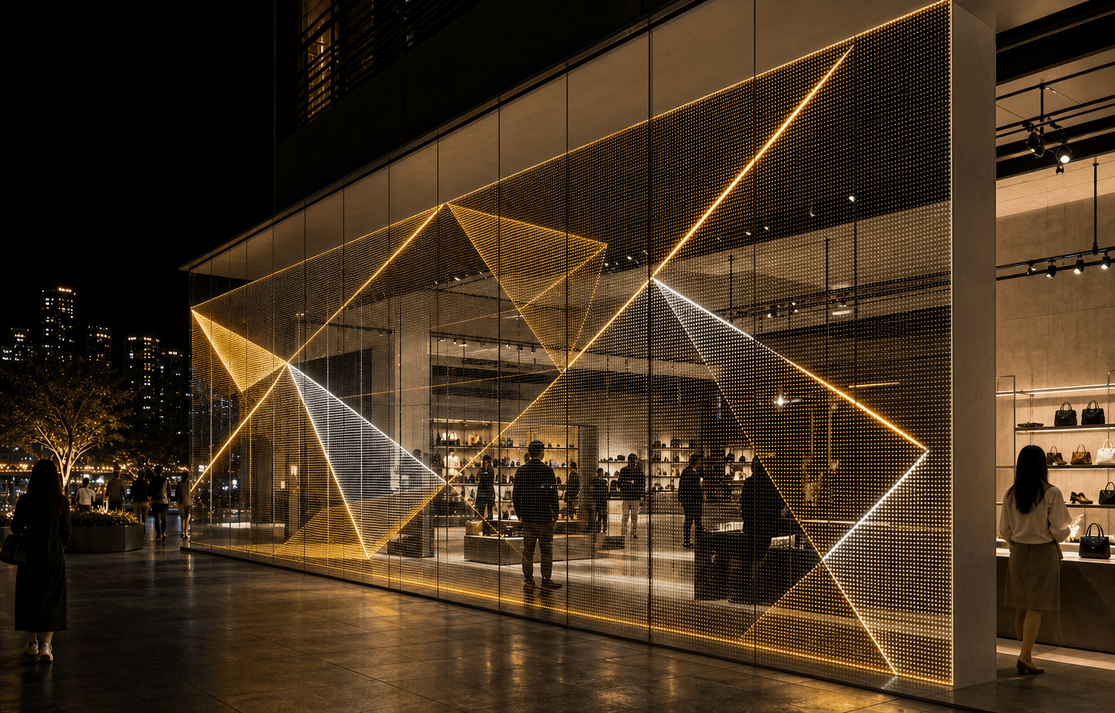 Illustration of a transparent flexible LED film display applied to a retail glass facade